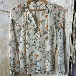 Daniel Rainn Cream Floral Split-Neck Long Sleeve Blouse XS